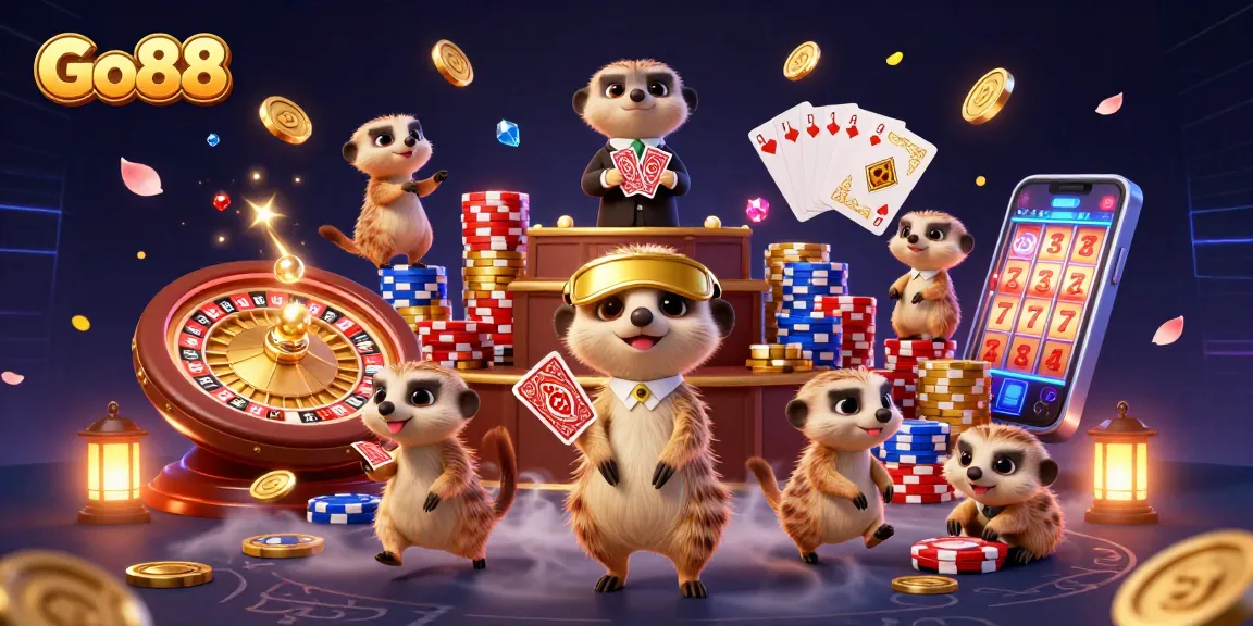 Go88 meerkats managing an exciting casino scene filled with games and golden coins