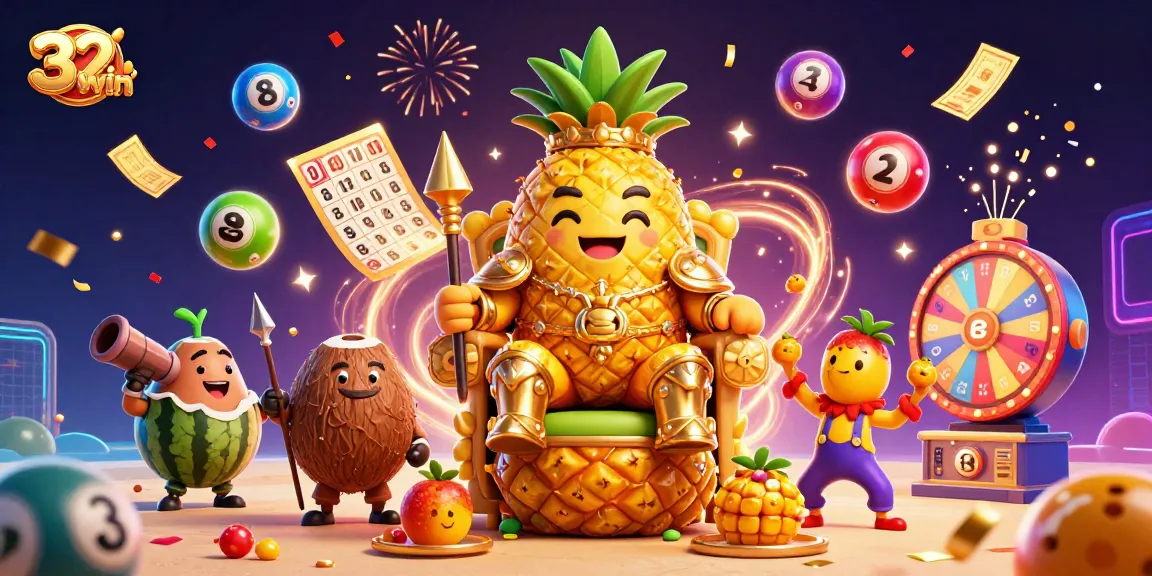 Win big with 32win at the vibrant casino, featuring a golden pineapple king amidst dynamic lottery elements.