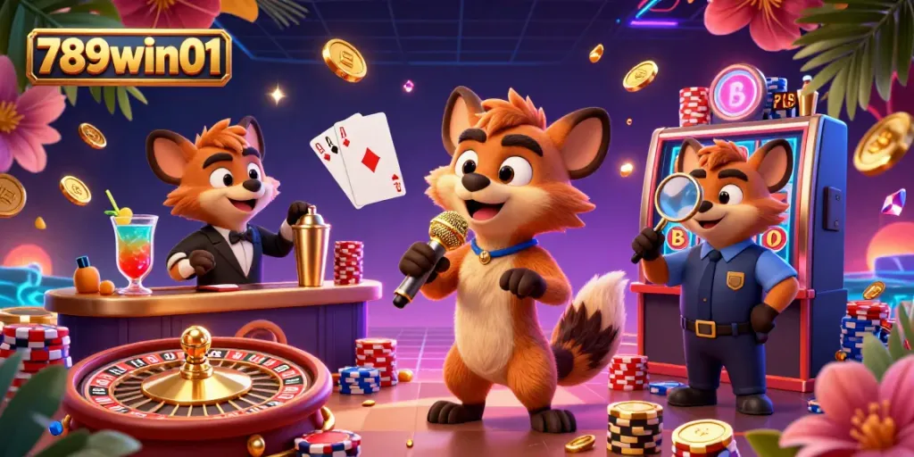 Experience thrilling comedy at 789win01's vibrant casino with hyenas entertaining and mixing drinks.