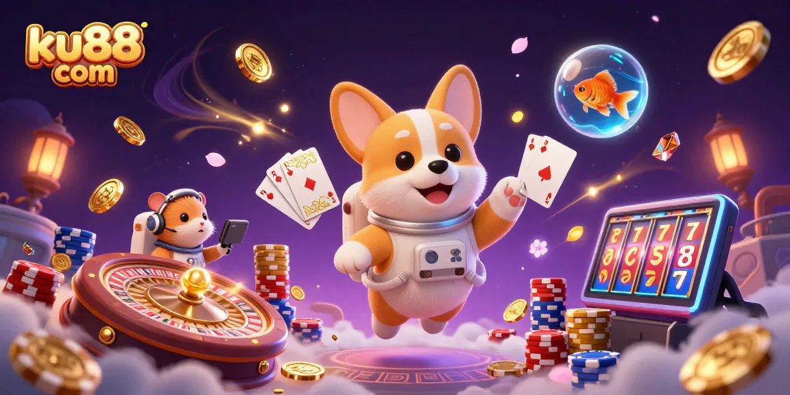Engage with ku88 com's vibrant casino scene featuring a playful astronaut corgi among floating chips and coins.