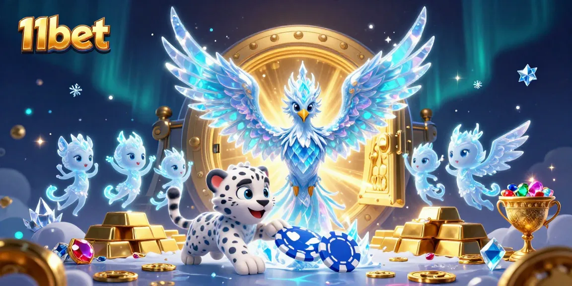 Engage with 11bet's vibrant casino world filled with an ice phoenix, gold treasures, and sparkling gems.