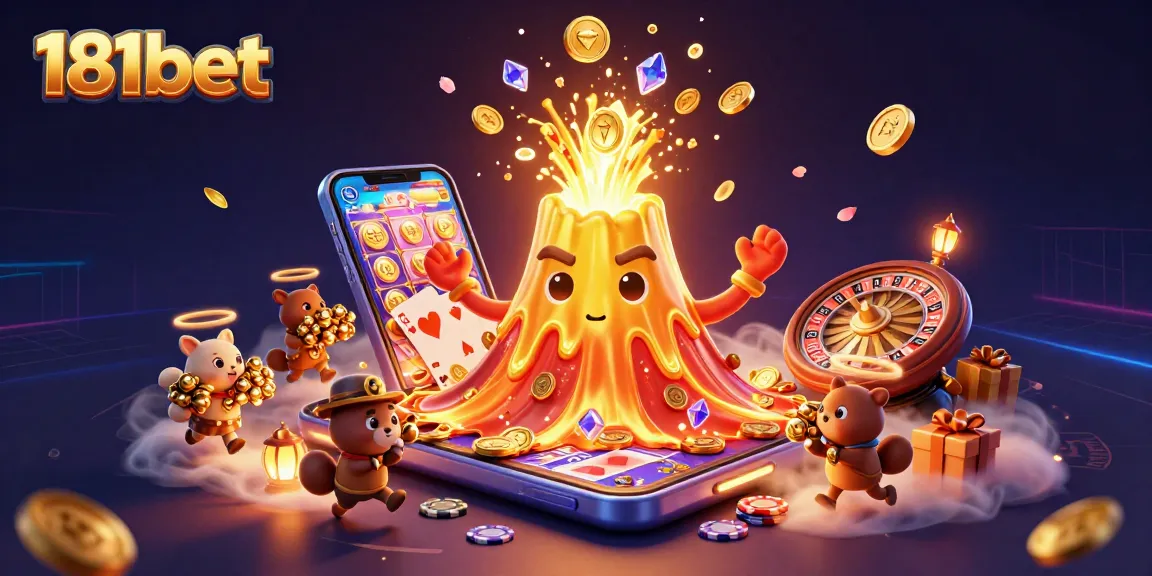 Win big at 181bet with a vibrant 3D casino scene showcasing a golden volcano erupting coins and a flashy slot game.