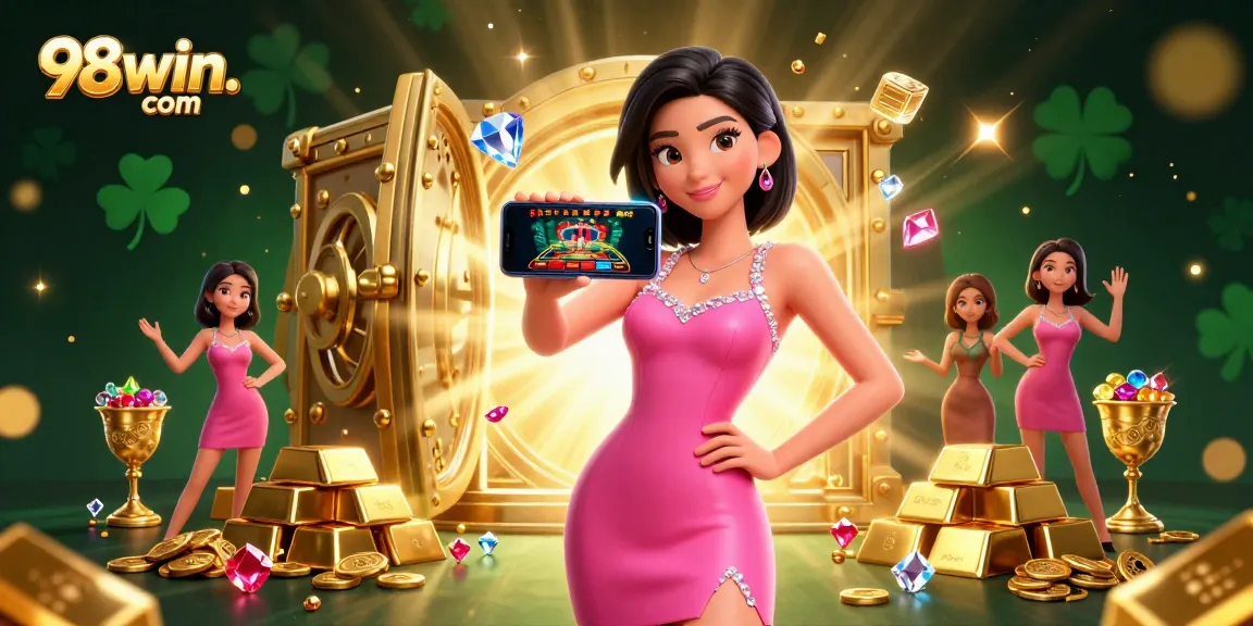 Experience winning at 98win. com with vibrant 3D casino gaming illustration featuring jackpots and excitement.