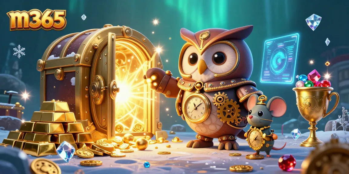Spin to win with m365, featuring a vibrant casino scene illuminated by treasures and magical characters.