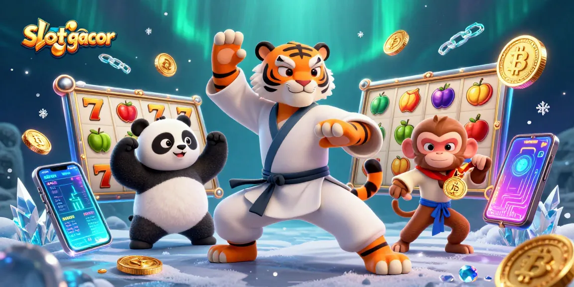 Experience the excitement of slot gacor with a kung fu tiger and playful monkey in a vibrant casino scene.