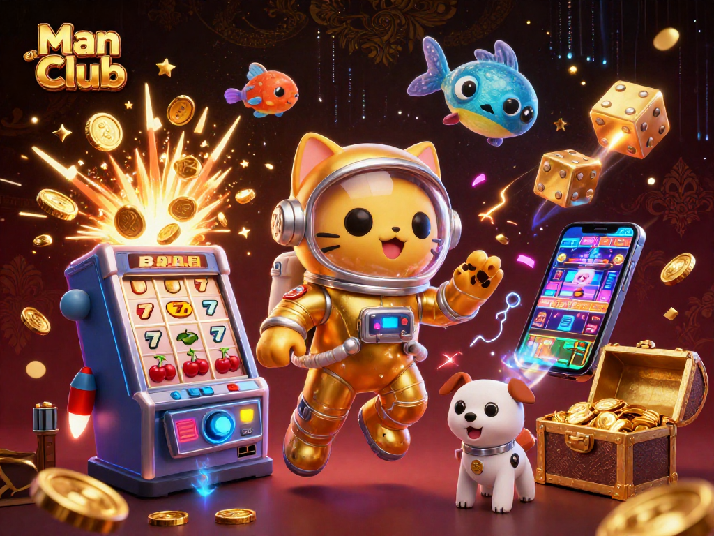 Experience the thrill of winning with Man Club’s vibrant gaming scene featuring a slot machine and colorful characters.