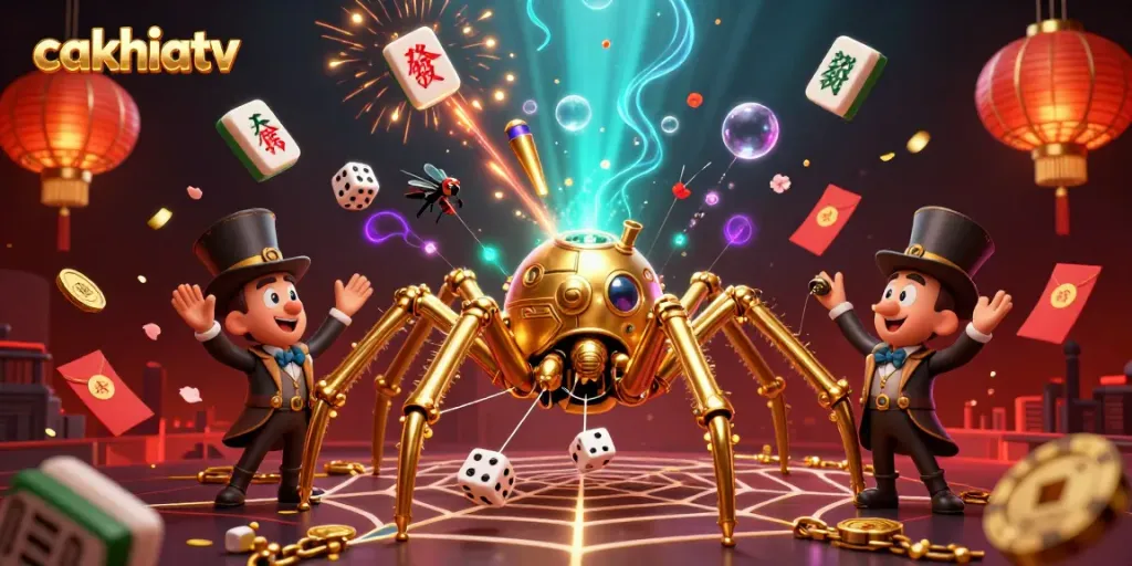 CakhiaTV showcases thrilling online gambling with a steampunk-themed spider capturing lucky symbols and dice.