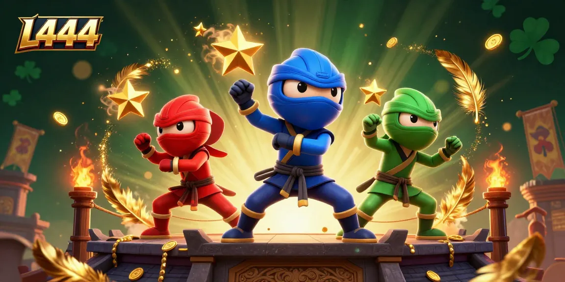 L444 online casino visual with cartoon chameleons poised for action amid gold coins and game elements.