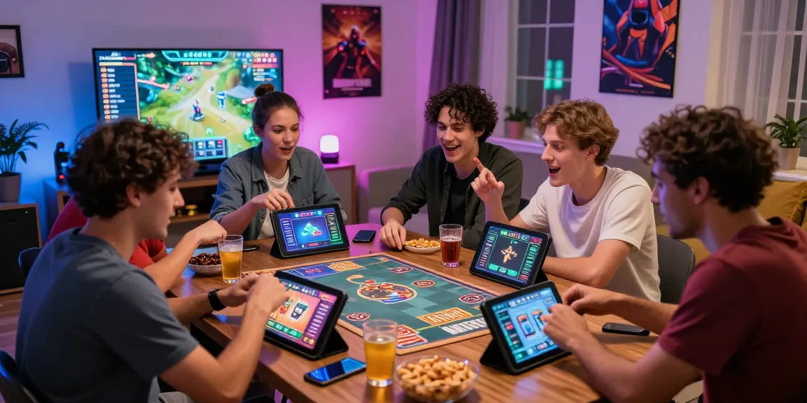 Nhóm bạn chơi game B52 trong không gian sống hiện đại, ánh sáng màu sắc.