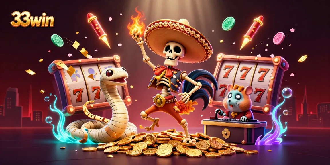 Engage in thrilling gameplay with 33win, featuring a festive 3D scene of characters and casino elements.