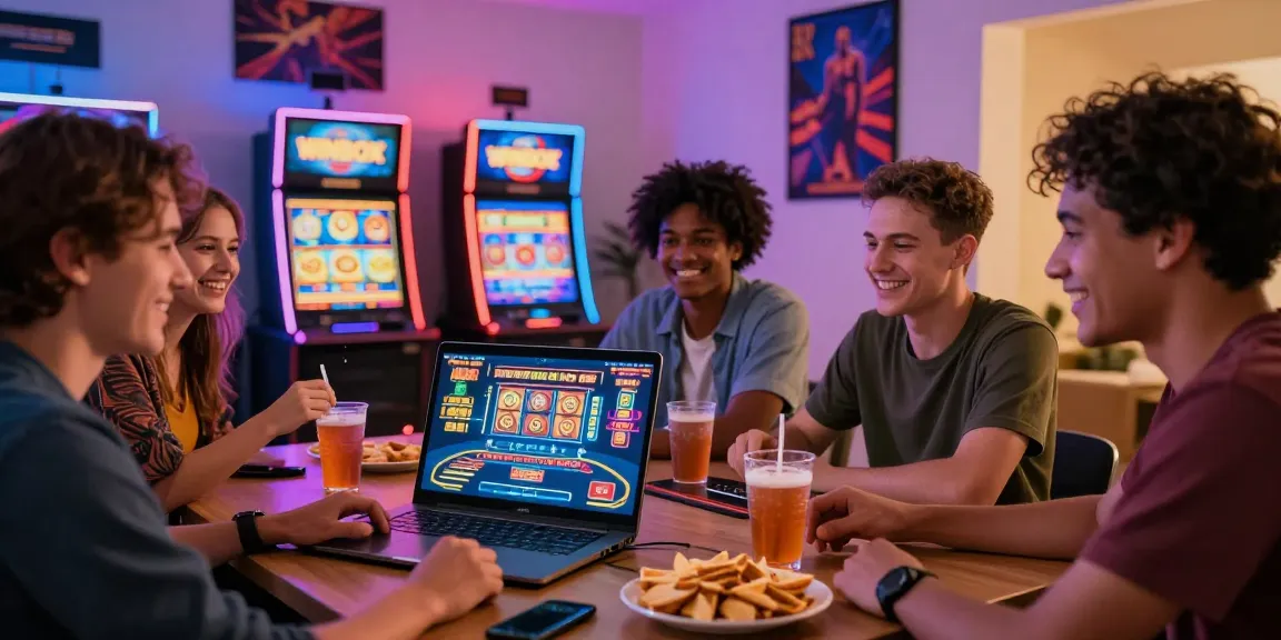 Friends enjoying Winbox online casino games together at home, vibrant atmosphere.