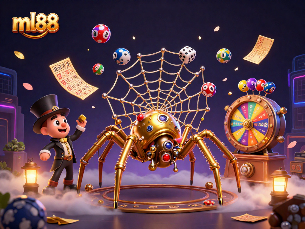 Engage in thrilling gameplay with ml88 as a golden spider captures dice amidst vibrant casino elements.