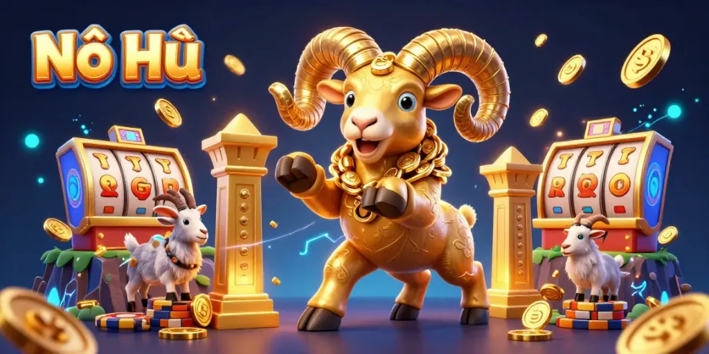 Engaging illustration of Nổ Hũ featuring a golden ram charging at a casino gate with slot machine elements and lively background.