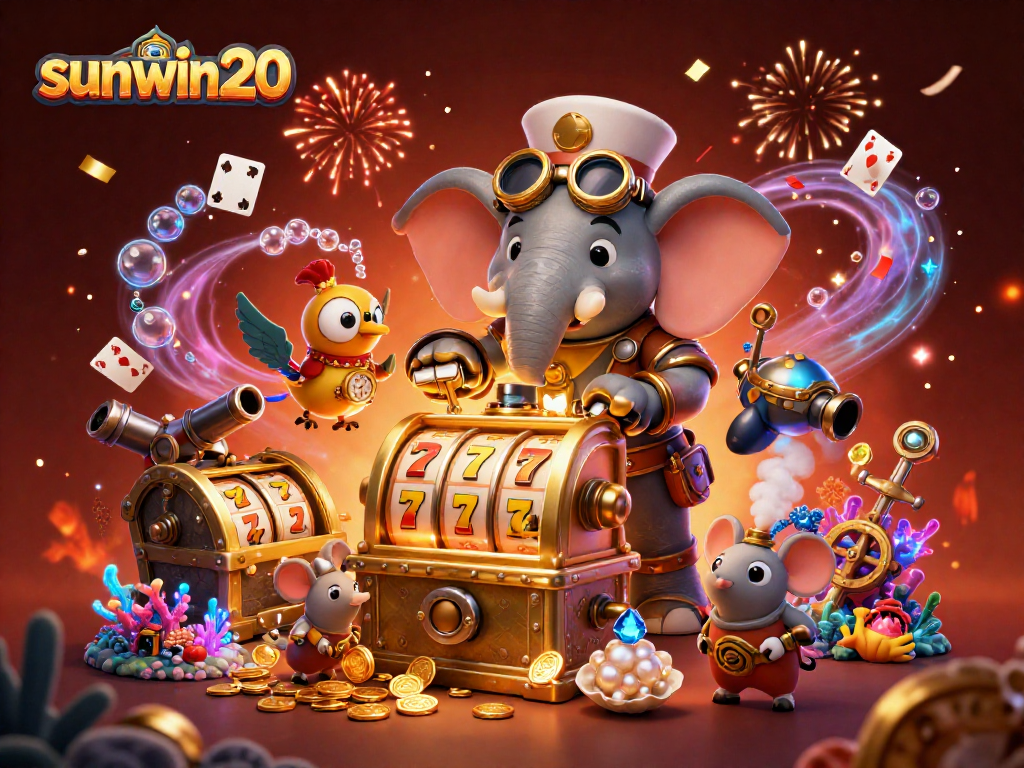 Experience thrilling slots action with sunwin20, featuring whimsical characters and treasure in a vibrant casino scene.