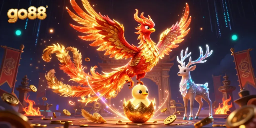 Go88 features a vibrant scene with a majestic phoenix, a baby phoenix hatching, and a mystical stag amidst casino elements.