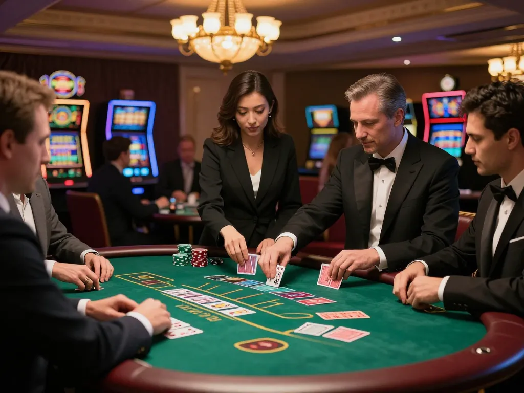 Engaged players at nhà cái okfun enjoying an exciting baccarat game in an upscale casino.
