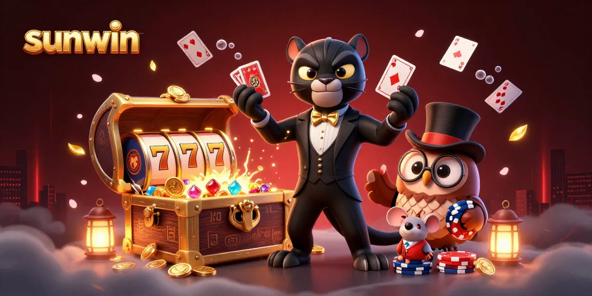 Enjoy thrilling slots action with sunwin's stylish 3D characters amidst a treasure-filled casino scene.