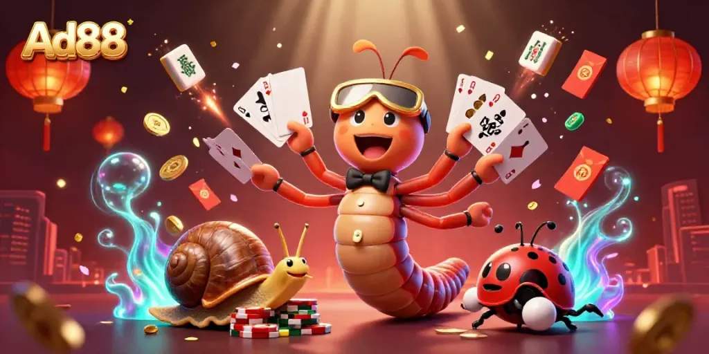 Bet on excitement with Ad88, featuring a whimsical millipede dealer and vibrant casino elements.
