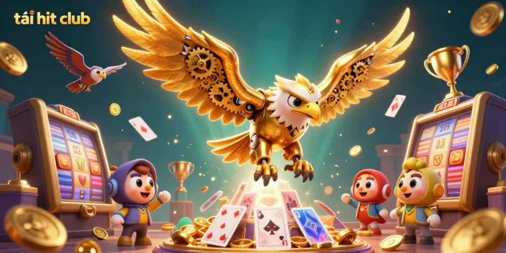 Engage with the exciting world of tải hit club as a golden eagle dives through games and gold, capturing dynamic gambling action.