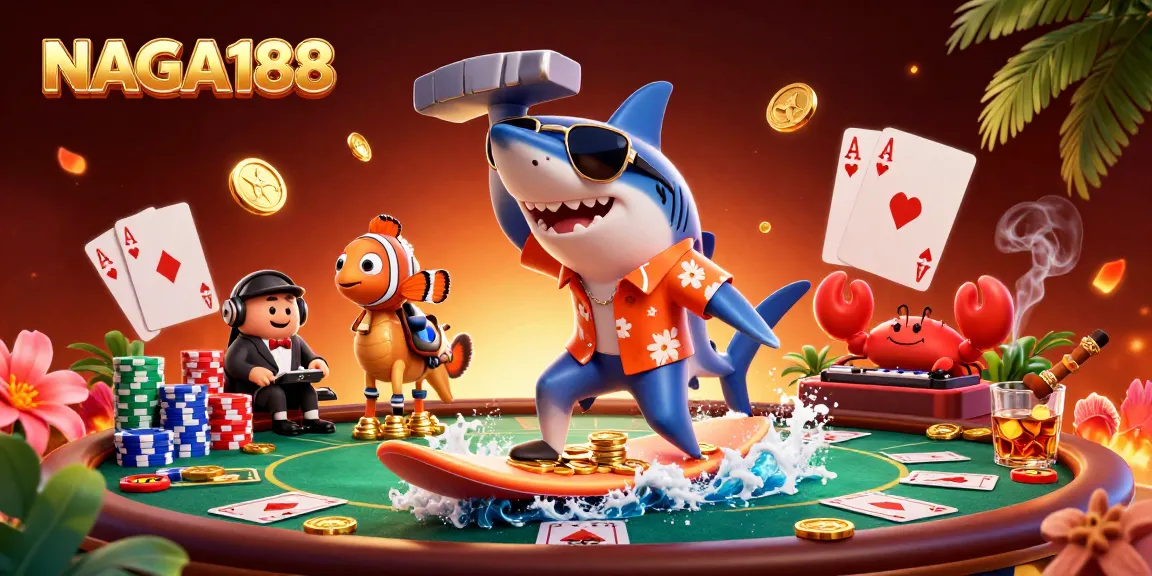NAGA188 menampilkan ilustrasi 3D kartun dengan hiu yang mengenakan kemeja Hawaii dan kacamata hitam, bermain poker dengan uang koin emas, menarik perhatian pemain.