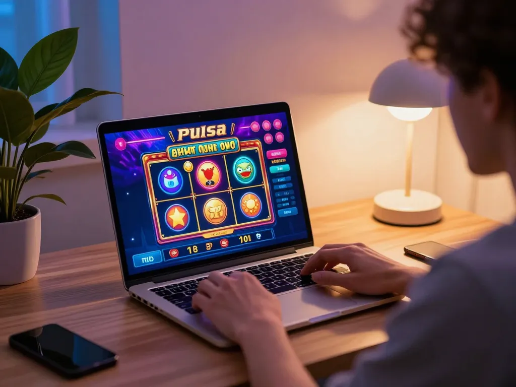 Playing slot pulsa on a laptop in a cozy home setup with a vibrant casino interface visible