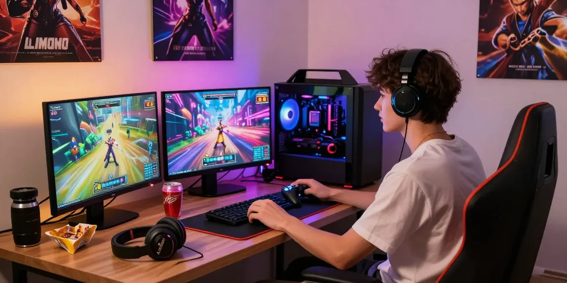 Immersive gamer enjoying real hentai games on gaming setup with colorful graphics.
