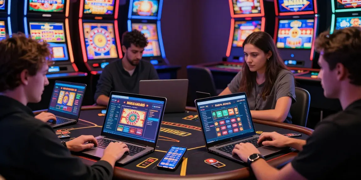 Giocatori che si divertono con i giochi dei casinò non AAMS su vari dispositivi in un'atmosfera di gioco d'azzardo online vibrante e coinvolgente.