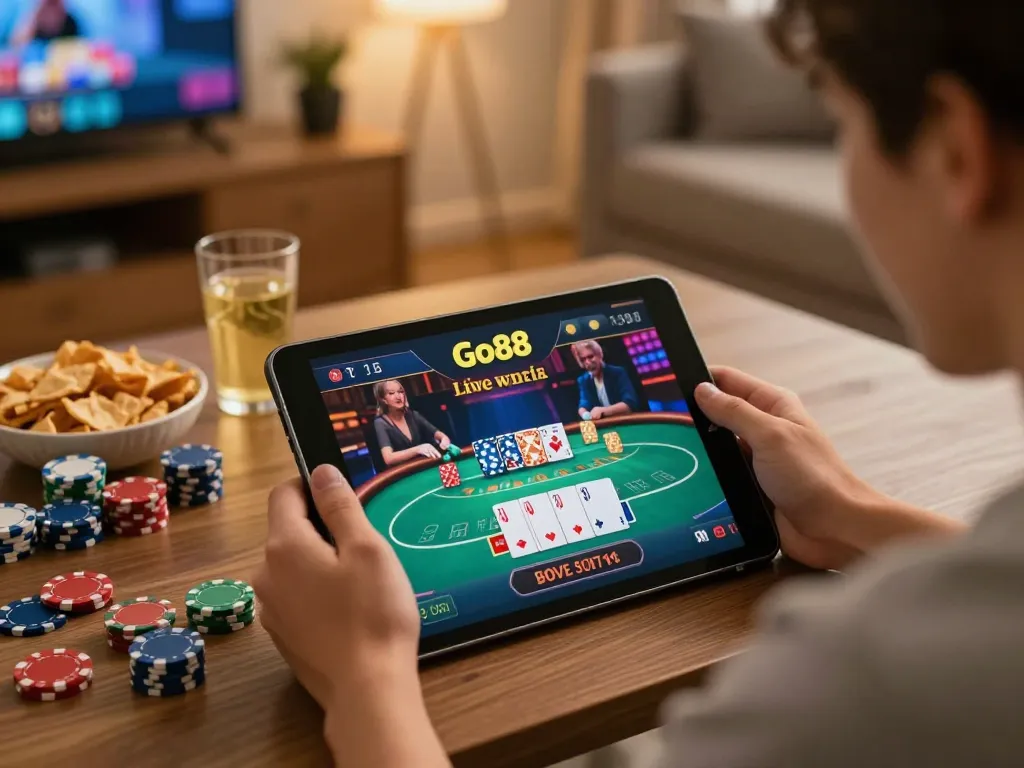 Engaging gameplay on Go88 mobile app showcasing live casino action with a player using a tablet.