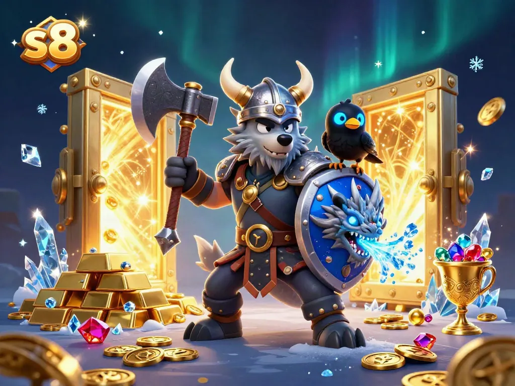 Play slots at S8 with a Viking warrior, fierce dragon, and sparkling treasures in a vibrant casino scene.