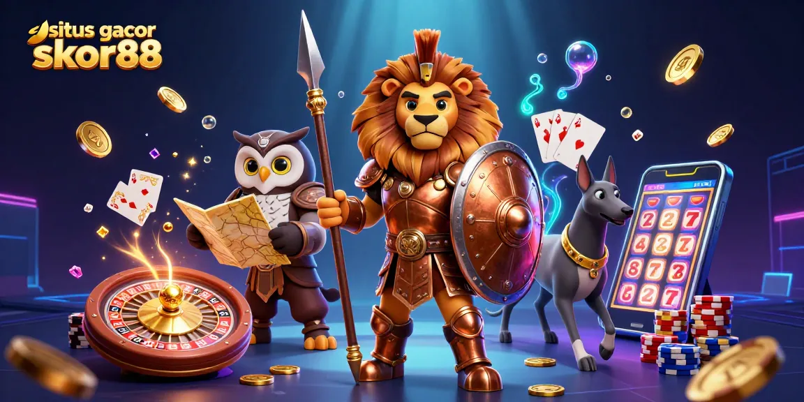 Experience excitement at situs gacor skor88 with vibrant casino elements in a dynamic 3D illustration.