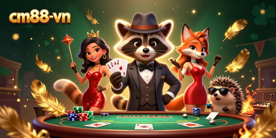 Experience thrilling poker action with cm88-vn featuring a charming raccoon and fox in a vibrant casino scene.