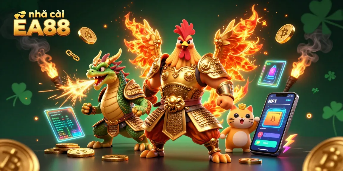 Engage with nhà cái EA88's dynamic casino scene featuring unique characters and glowing crypto elements