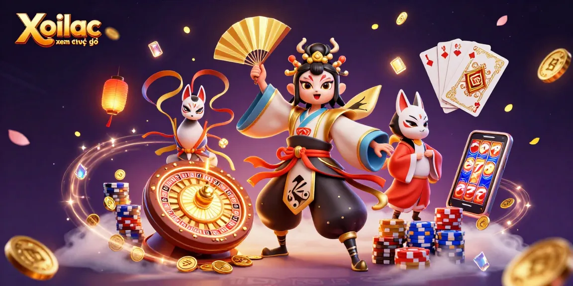 Xoilac xem trực tiếp showcases a lively casino scene with kabuki characters amidst gaming symbols and treasures.