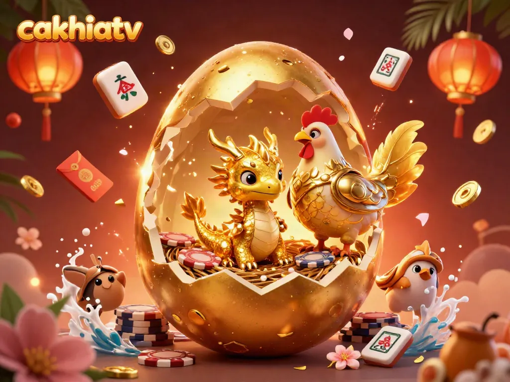 Cakhiatv showcases an epic scene with a golden baby dragon and poker chips amidst festive decor and rich colors.