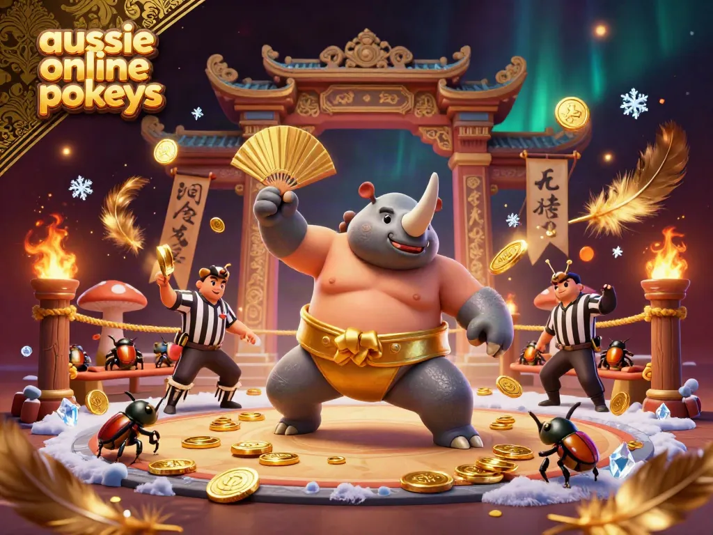 Experience the excitement of aussie online pokies with stunning visuals of a beetle champion and golden coins.