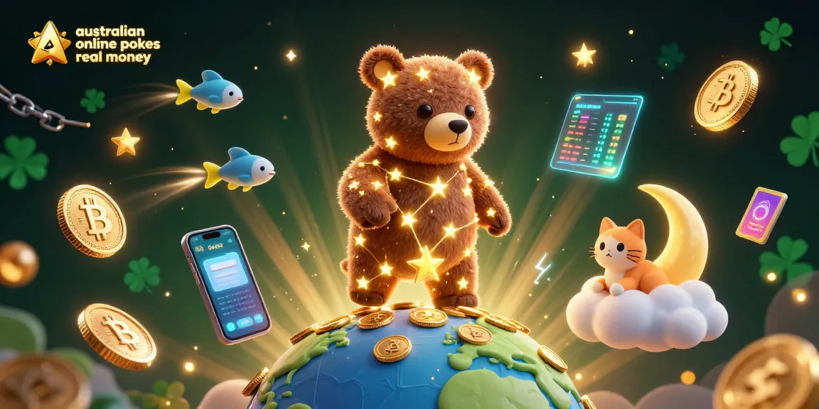 A captivating illustration of australian online pokies real money with a constellation bear collecting coins, animated by Bitcoin and Ethereum elements.