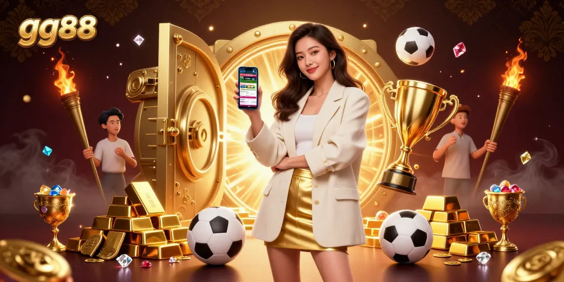 Experience thrilling sports betting with gg88 as a friendly Asian woman engages with a smartphone in a luxurious casino.