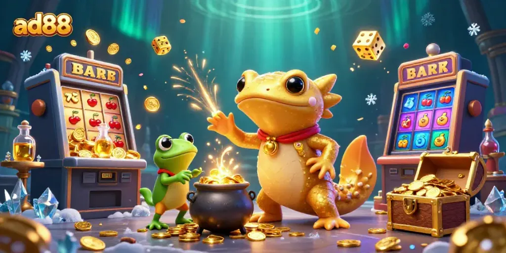 Engage with ad88's dynamic casino experience through golden creatures and immersive game elements.