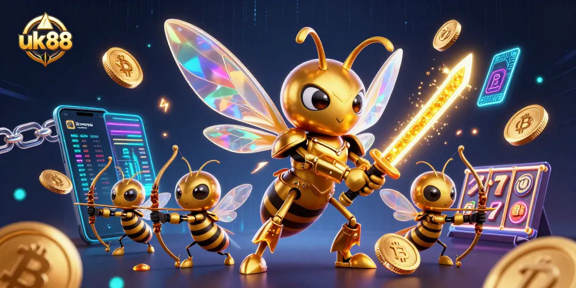 Engage in thrilling slots action with uk88's 3D golden hornet and bee archers surrounded by vibrant casino elements.