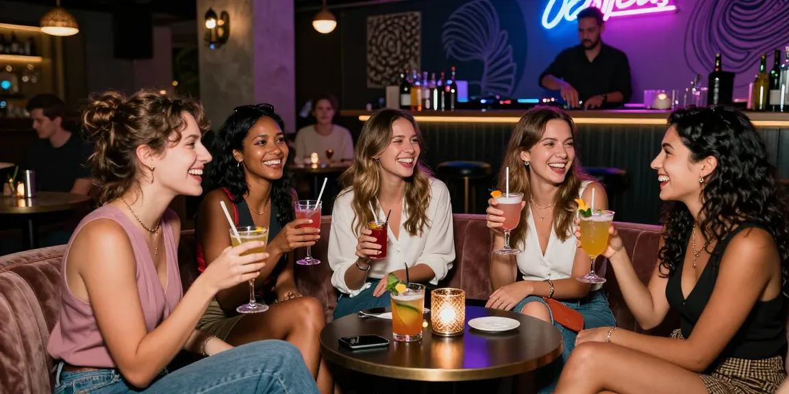 Nhóm bạn trẻ thưởng thức không khí vui vẻ tại quán bar sang trọng, gái gọi trong bối cảnh.