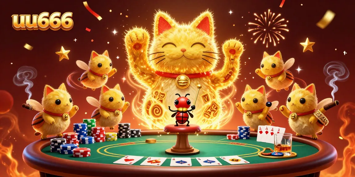 Engage in thrilling gameplay at uu666, showcasing a giant lucky cat surrounded by poker elements and vibrant casino energy.