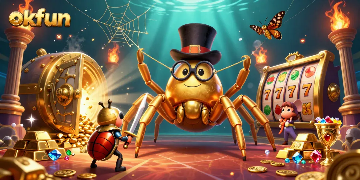 Experience thrilling gameplay at okfun with golden treasures and joyful characters in a vibrant casino scene.