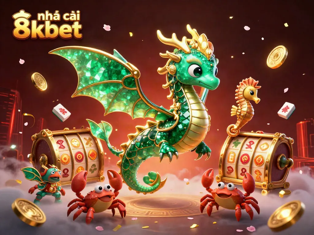 Experience the vibrant world of nhà cái 8kbet with a colorful 3D illustration featuring casino elements and characters.