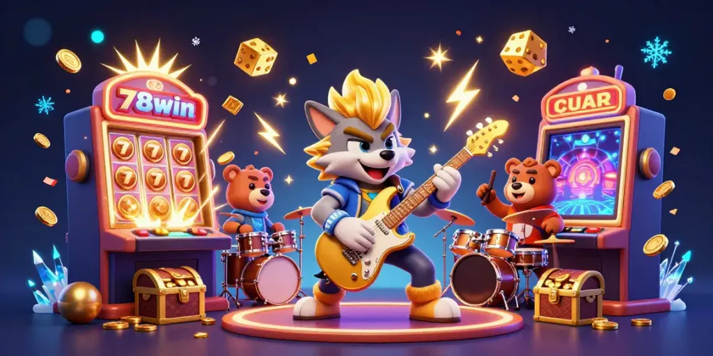 Experience the thrill of 78win with a rock star wolf and drummer bear in a vibrant casino scene.