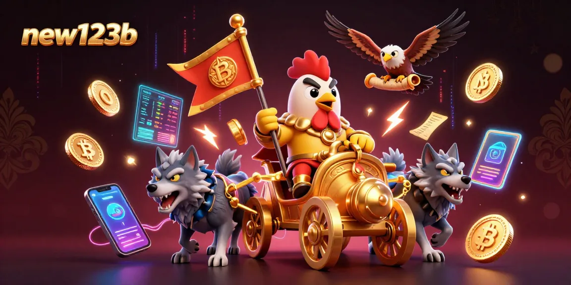 Experience thrilling wins with new123b in this vibrant 3D casino illustration featuring dynamic characters and crypto elements.