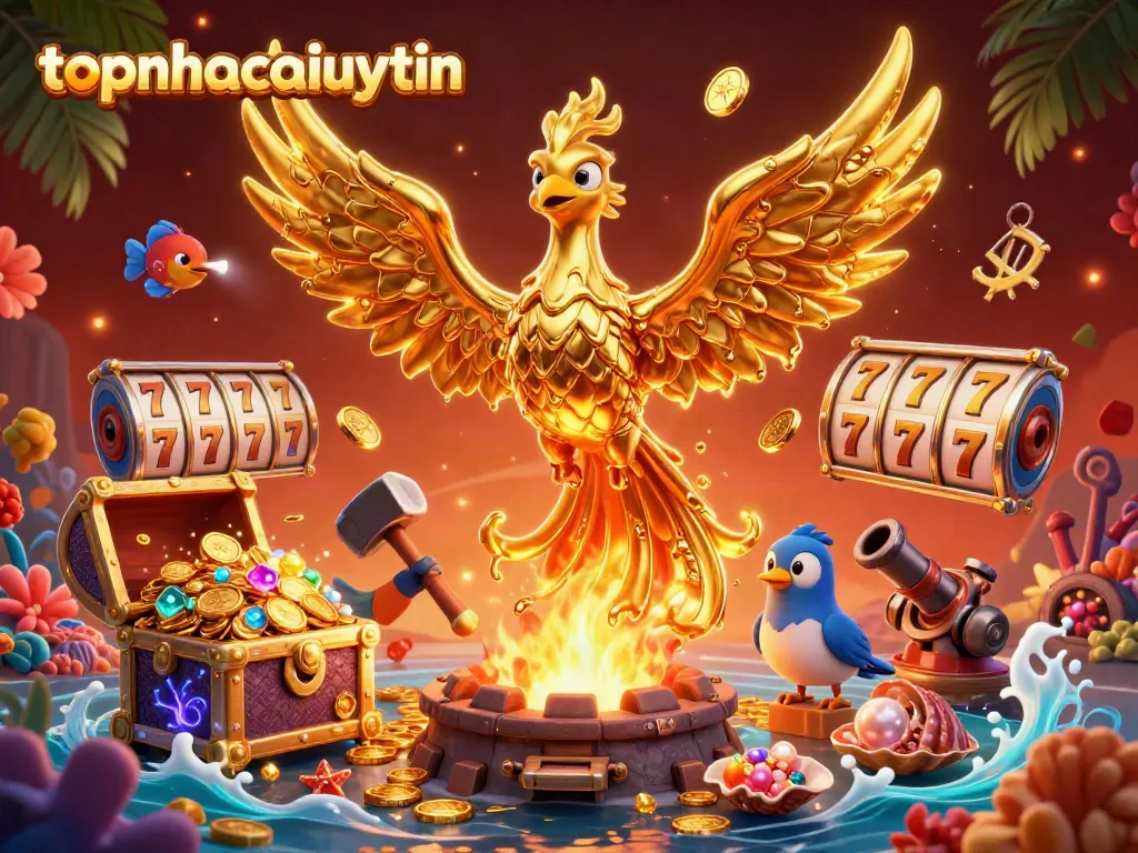 Experience thrilling wins at topnhacaiuytin with a vibrant representation of a golden phoenix in a 3D casino setting.