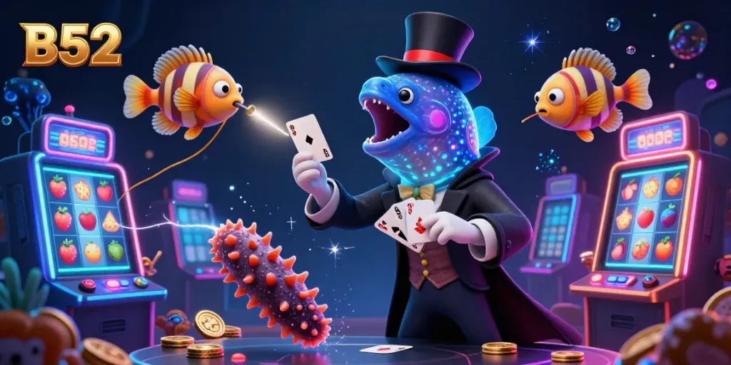 B52-themed casino scene with a deep-sea gulper eel performing tricks surrounded by colorful slot machines.