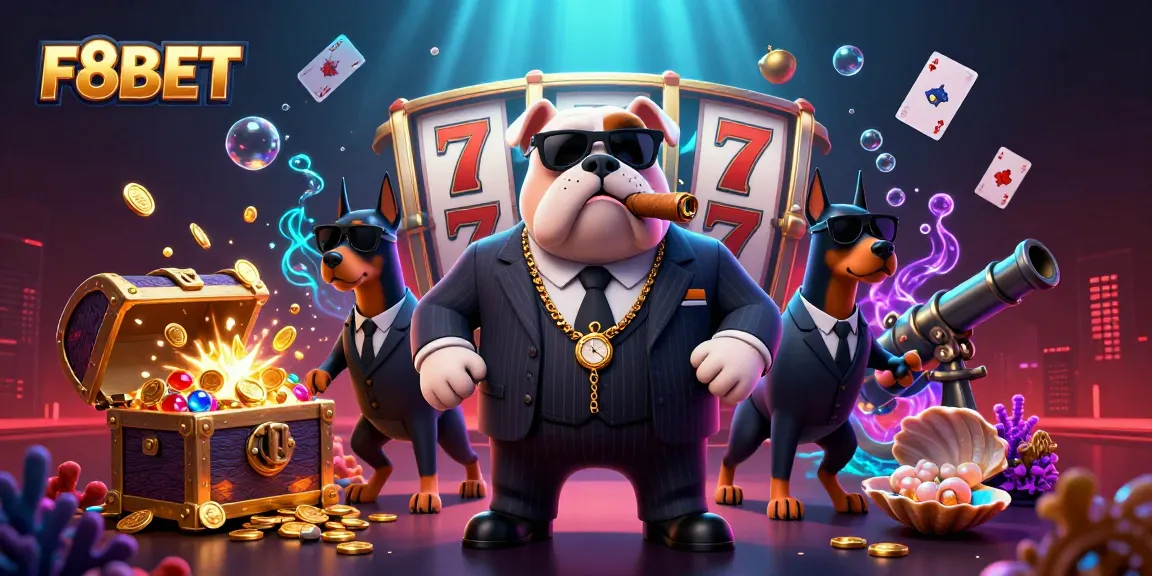 Engage with F8BET’s vibrant casino world showcasing a bulldog boss and Doberman guards amidst treasure-filled excitement.