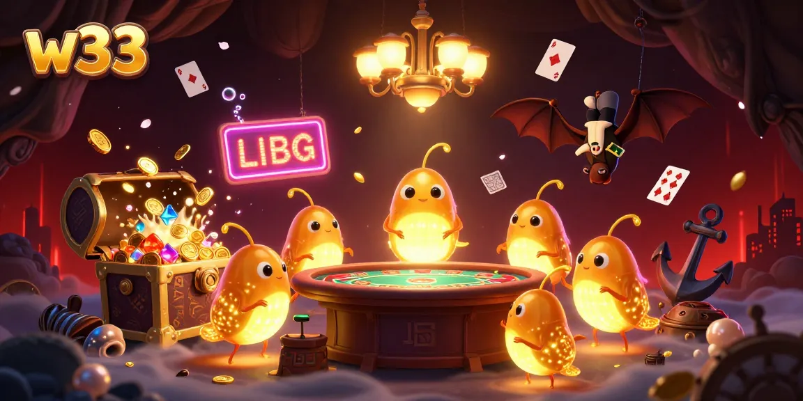 Experience engaging w33 casino action with glowworms and a bat dealer amidst vibrant gaming elements.