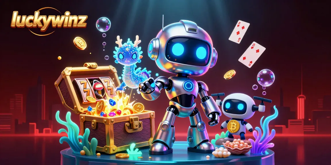 Experience thrilling wins at luckywinz with a vibrant casino illustration featuring futuristic characters.